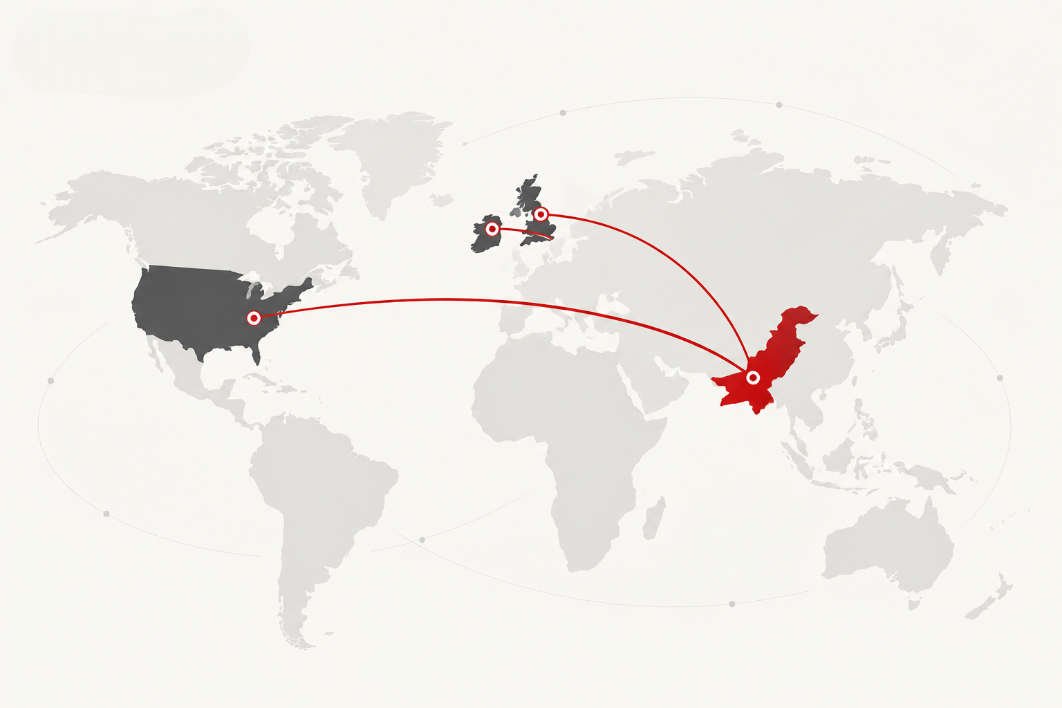 Map showing Global Outsource connecting Pakistan with clients in the United Kingdom, Ireland and the United States
